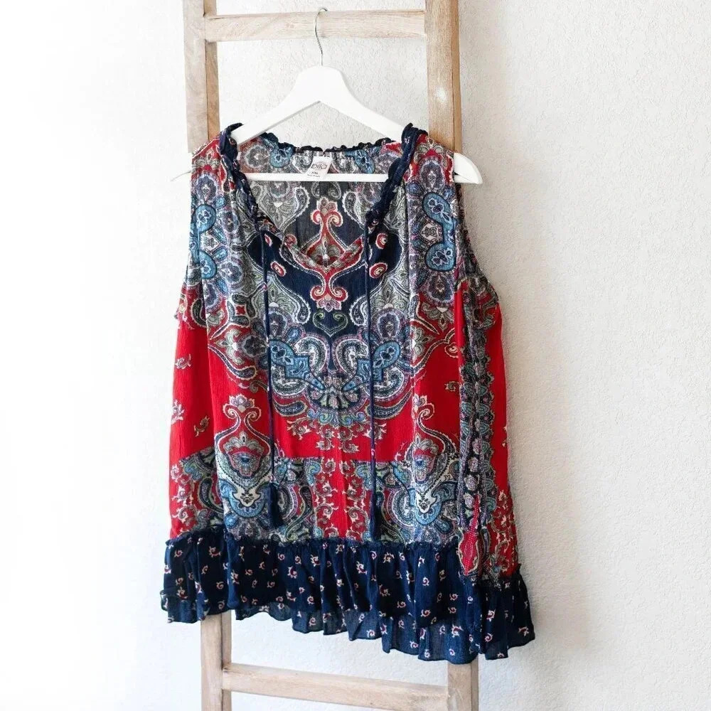 Bila XXL Boho Paisley Sleeveless Blouse | Red & Navy Ruffle Hem Top